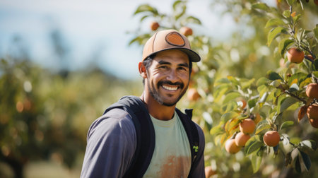 photo of a modern farmer picking fresh peachesの素材