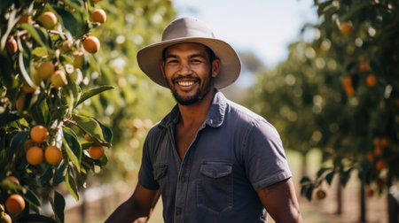 photo of a modern farmer picking fresh peachesの素材