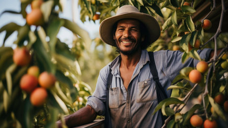 photo of a modern farmer picking fresh peachesの素材