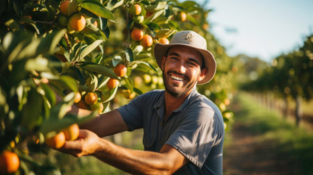 photo of a modern farmer picking fresh peachesの素材