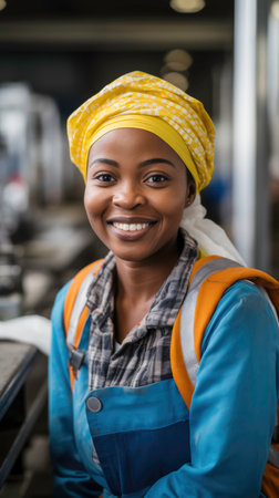 African woman in her 30s, smiling, happy, working in a factoryの素材