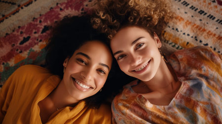 Top view of cute couple lying on carpet and looking at cameraの素材