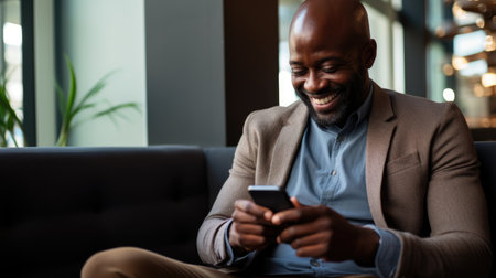 A smiling African - American man is sitting on a sofa with a phone in his handsの素材