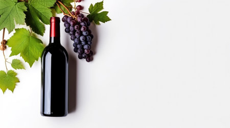 Bottle of red wine with ripe grapes and vine leaves on white background. Copy spaceの素材