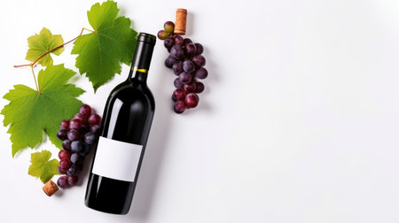 Bottle of red wine with ripe grapes and vine leaves on white background. Copy spaceの素材