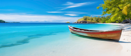 Canoe on the tropical sandy beach. Beautiful summer landscape of tropical island with boat in ocean.の素材
