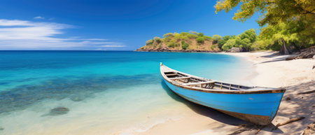 Canoe on the tropical sandy beach. Beautiful summer landscape of tropical island with boat in ocean.の素材