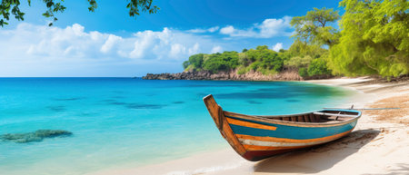 Canoe on the tropical sandy beach. Beautiful summer landscape of tropical island with boat in ocean.の素材