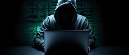 Computer hacker in hoodie. Obscured dark face. Data thief, internet fraud, darknet and cyber security concept.の素材