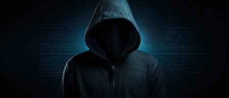 Computer hacker in hoodie. Obscured dark face. Data thief, internet fraud, darknet and cyber security concept.の素材