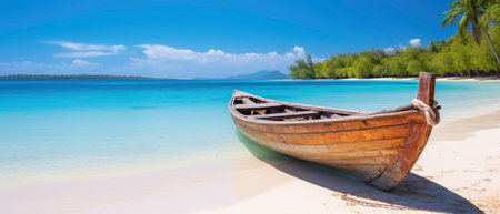Canoe on the tropical sandy beach. Beautiful summer landscape of tropical island with boat in ocean.の素材