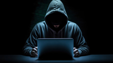 Computer hacker in hoodie. Obscured dark face. Data thief, internet fraud, darknet and cyber security concept.の素材