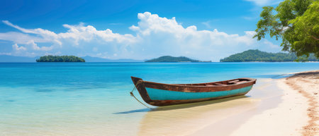 Canoe on the tropical sandy beach. Beautiful summer landscape of tropical island with boat in ocean.の素材