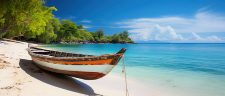 Canoe on the tropical sandy beach. Beautiful summer landscape of tropical island with boat in ocean.の素材