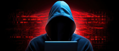 Computer hacker in hoodie. Obscured dark face. Data thief, internet fraud, darknet and cyber security concept.の素材