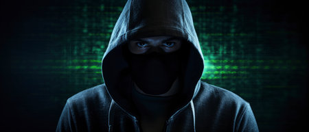 Computer hacker in hoodie. Obscured dark face. Data thief, internet fraud, darknet and cyber security concept.の素材