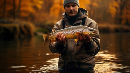Fishing. Fisherman and trout. a man fishing and holding a troutの素材