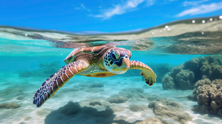 Green Sea Turtle Cruising in the warm waters of the Pacific Oceanの素材