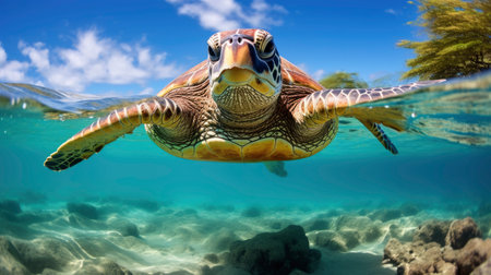 Green Sea Turtle Cruising in the warm waters of the Pacific Oceanの素材