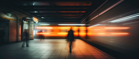 Long exposure image of a lonely young man shot from behind in a subway station with a blurred trainの素材