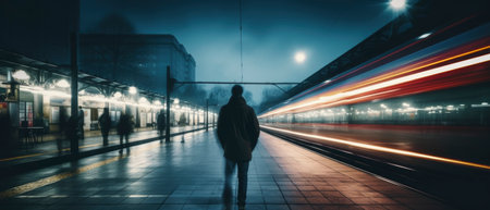 Long exposure image of a lonely young man shot from behind in a subway station with a blurred trainの素材