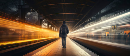 Long exposure image of a lonely young man shot from behind in a subway station with a blurred trainの素材