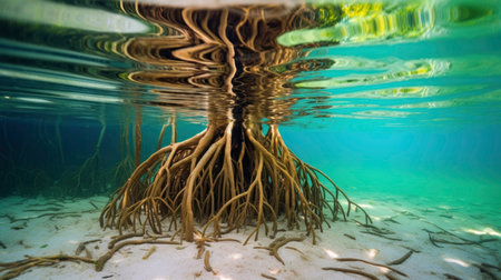 Mangrove trees roots, above and below the water in the Caribbean seaの素材
