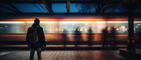 Long exposure image of a lonely young man shot from behind in a subway station with a blurred trainの素材