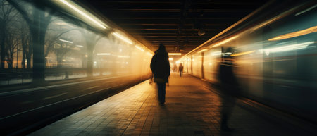 Long exposure image of a lonely young man shot from behind in a subway station with a blurred trainの素材