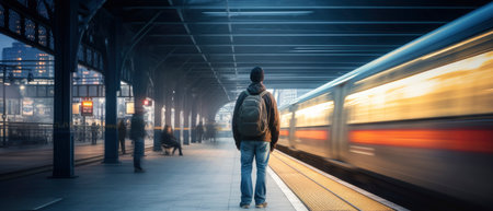 Long exposure image of a lonely young man shot from behind in a subway station with a blurred trainの素材