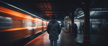 Long exposure image of a lonely young man shot from behind in a subway station with a blurred trainの素材