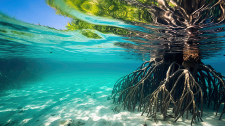Mangrove trees roots, above and below the water in the Caribbean seaの素材