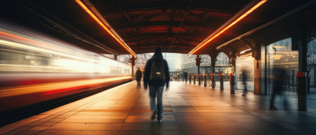 Long exposure image of a lonely young man shot from behind in a subway station with a blurred trainの素材