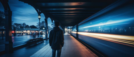 Long exposure image of a lonely young man shot from behind in a subway station with a blurred trainの素材