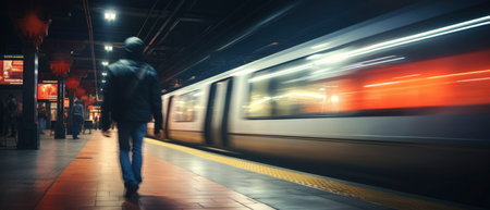 Long exposure image of a lonely young man shot from behind in a subway station with a blurred trainの素材