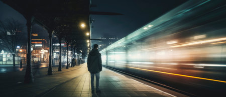 Long exposure image of a lonely young man shot from behind in a subway station with a blurred trainの素材