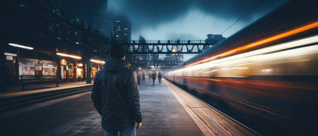 Long exposure image of a lonely young man shot from behind in a subway station with a blurred trainの素材