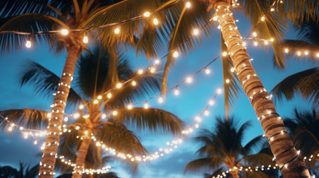 Palm trees decorated with Christmas garlands at nightの素材