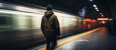 Long exposure image of a lonely young man shot from behind in a subway station with a blurred trainの素材