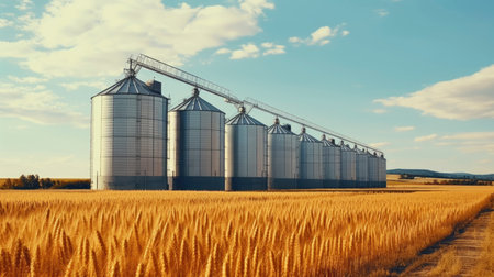 Silos in a wheat field. Storage of agricultural productionの素材