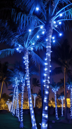 Palm trees decorated with Christmas garlands at nightの素材