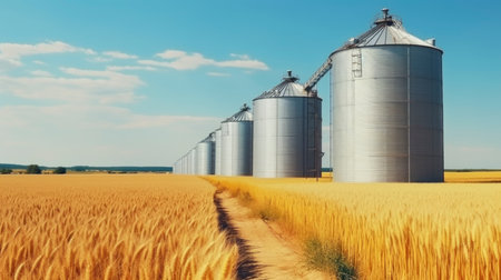 Silos in a wheat field. Storage of agricultural productionの素材