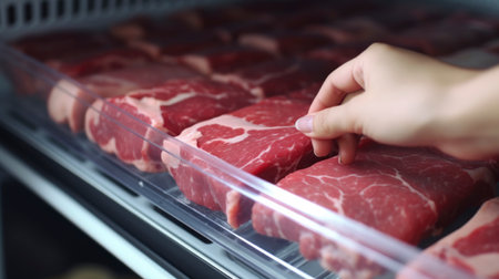 Woman putting raw meat in refrigerator, closeup, Refrigerator with fresh meat productsの素材