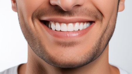 Close-up photo of the lower part of a man's face. beautiful cute smileの素材