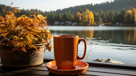 White cup on wooden tabletop, autumn evening backgroundの素材