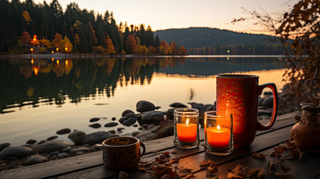 White cup on wooden tabletop, autumn evening backgroundの素材