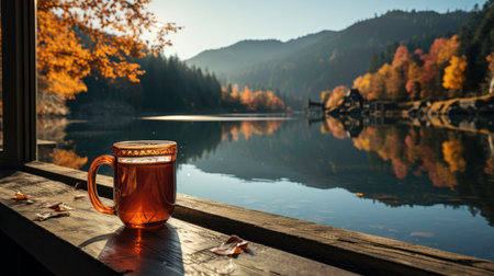 White cup on wooden tabletop, autumn evening backgroundの素材
