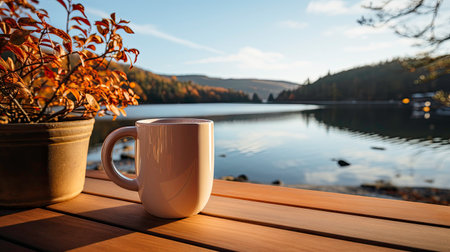 White cup on wooden tabletop, autumn evening backgroundの素材