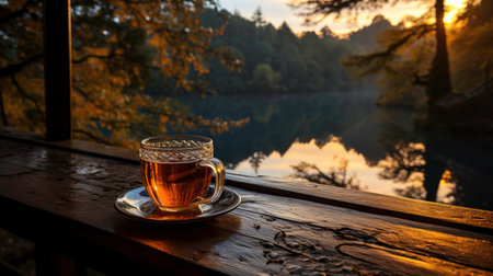 White cup on wooden tabletop, autumn evening backgroundの素材