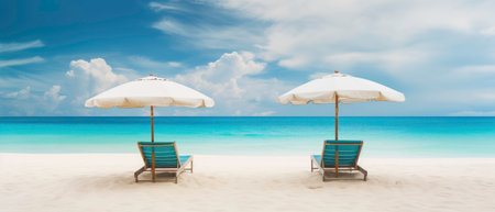 Sunbeds with an umbrella and a sandy beach, a tropical beach with white sand and turquoise waterの素材